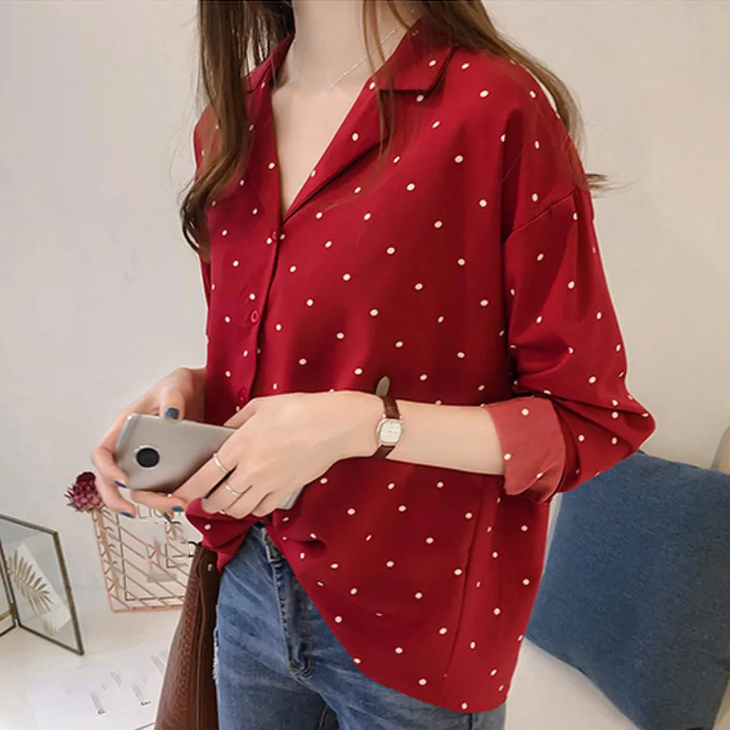 2024 Summer Women Tops Casual V-Neck Long Sleeves Blouses Summer Office Chiffon Polka Dots Shirt Womens Tops And Blouses