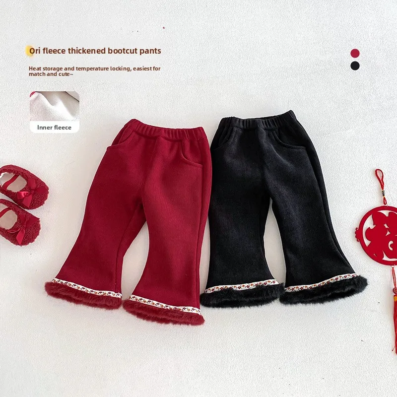 

Girls' Embroidered Bell Bottom Pants 2025 New Winter Baby Retro New Year's Clothing Children's Fashion Plus Plush Thick Pants