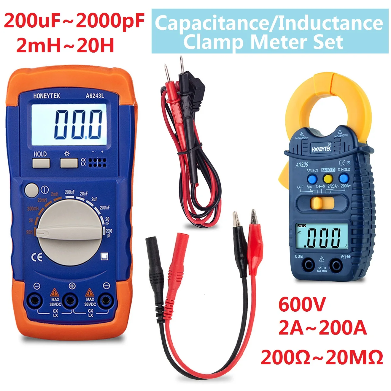 Capacitor/Inductor&Clamp Meter Set,Handheld LCD Digital 2000pF-20mF Gauge Capacitance Tester A6243+Clamp Meter A3399