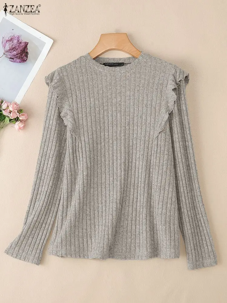 

ZANZEA 2022, женские модные вязаные свитера, пуловеры с длинными рукавами и рюшами, тонкие повседневные джемперы, осень-зима, однотонный корейский трикотаж