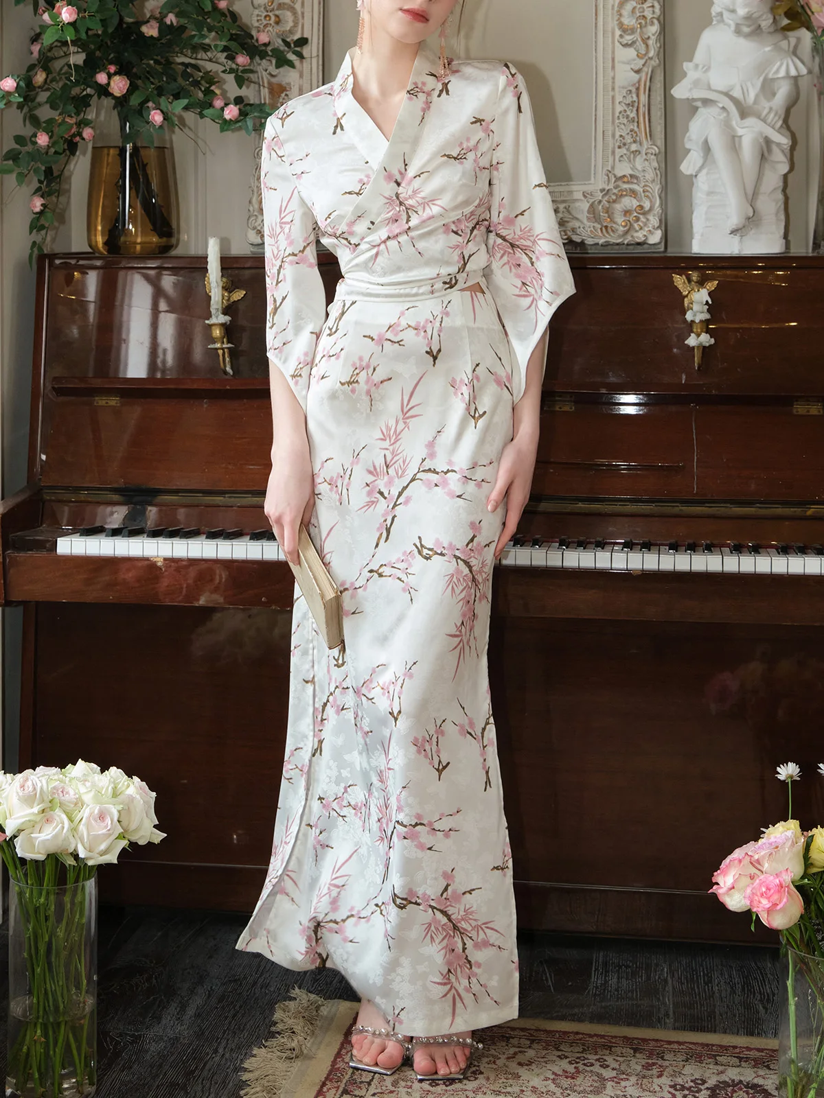 

Silk Touch Sakura And Bamboo Print Chinese Sle Faion Set Ele Aesthetic Long V Ne Polyester Fiber Seven Sve Long ...