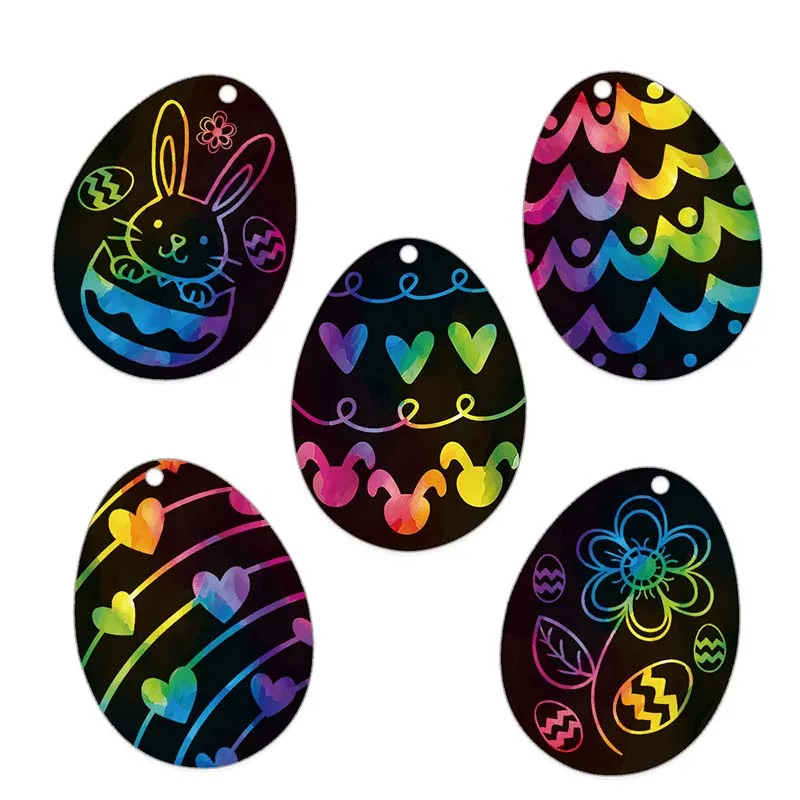 24pcs Creative Children Scratching Easter Egg Hanging Art Decorations Colorful Bunny Painting Drawing DIY Toys Easter Gift c3602