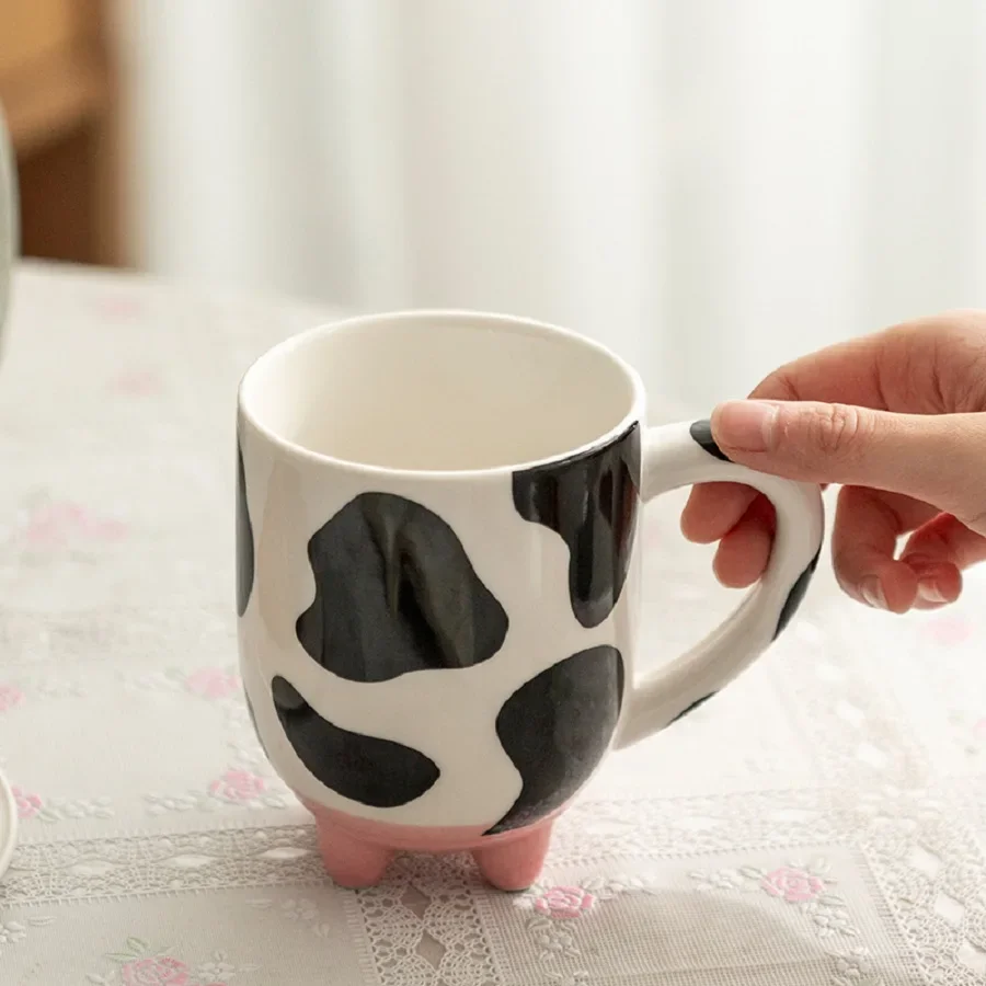 1pc, 500ml/17oz Cute Cartoon Ceramic Cup, Creative Cow Pattern And Footed Water Mug Cup,Coffee Cup Summer Winter Drinkware, Gift