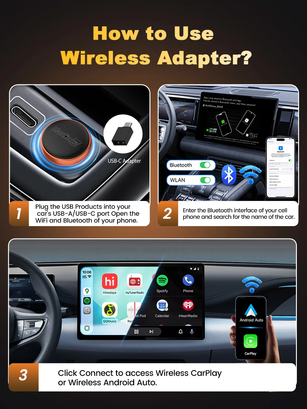 Adaptador Inalámbrico CarlinKit 2 en 1 para CarPlay y Android Auto, WiFi 5GHz, CarPlay Inalámbrico, Caja Inteligente para Sistemas de Auto, Plug and Play