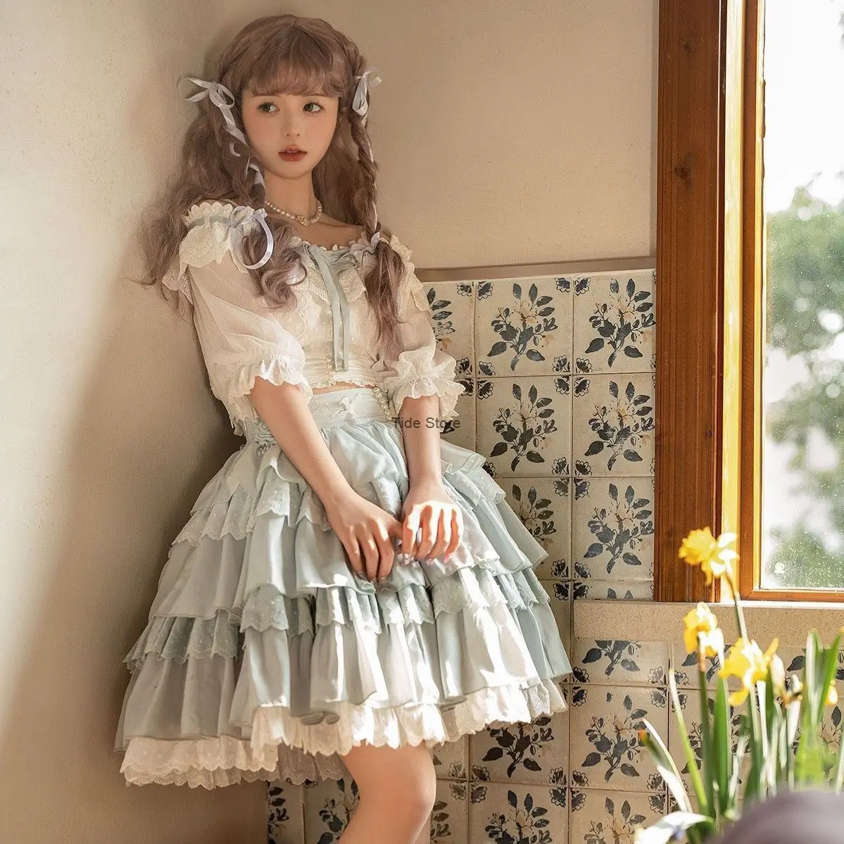 Verão Diário Bonito Lolita Split Vestido, Saia De Bolo SK De Três Camadas, Vestido Azul Kawaii, Bloomers, Nova Flor