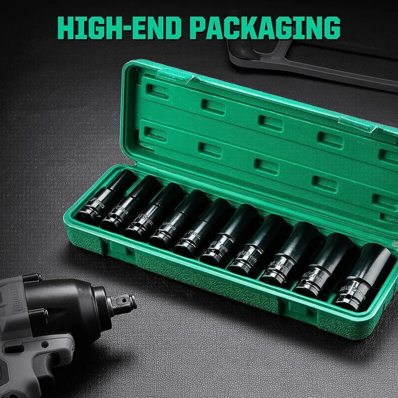 Impact Socket Set 1/2 Drive -15PCS-Metric Size (10-32Mm) Sockets 6 Point Hex Design Durable