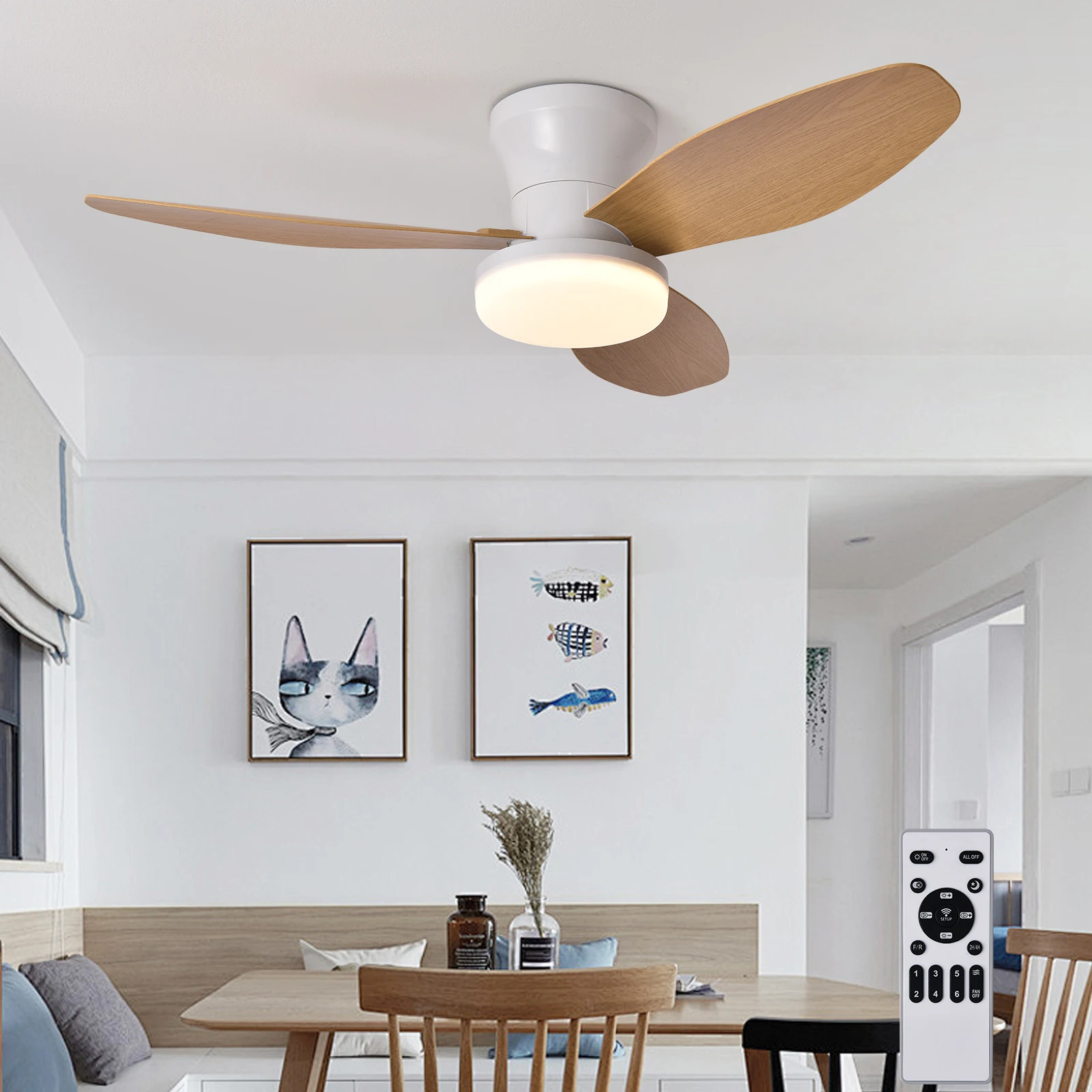 34.6'' Ceiling Fan with Light and Remote, LED Ceiling Fan with 3 Fan Blades, for Indoor Bedroom Living Room Dining Room Kitchen