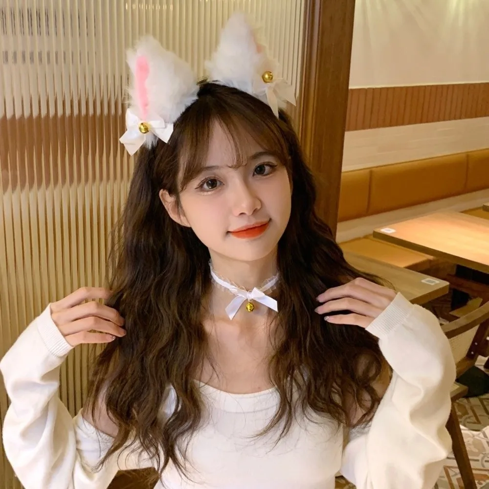 

Funny Cat Woman Cat Ears Headband Set Bow Lolita Cosplay Headwear Anime Exhibition Accessories Plush Halloween Dress Up Girl