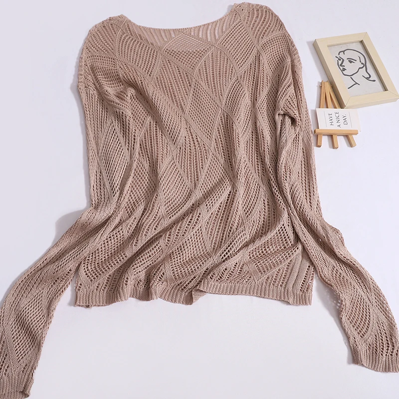 Hollow-knit pullover women's long-sleeved knitwear spring summer plain long-sleeved T-shirt