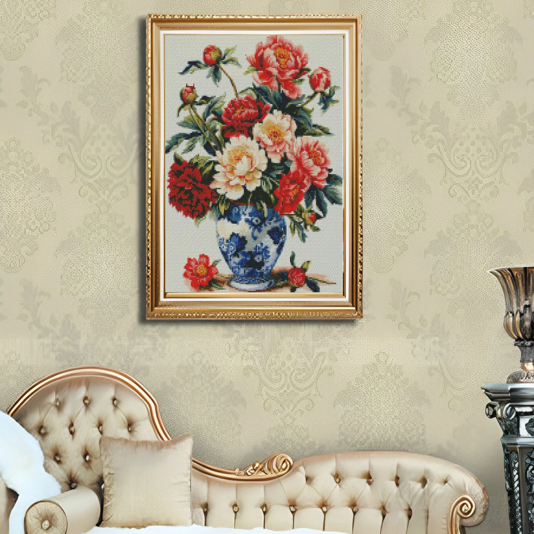 Cross Stitch Embroidery Kit Blue porcelain peony Flowers Landscape Thread Drawing DIY Needlework Decorate Printed on Canvas 11CT