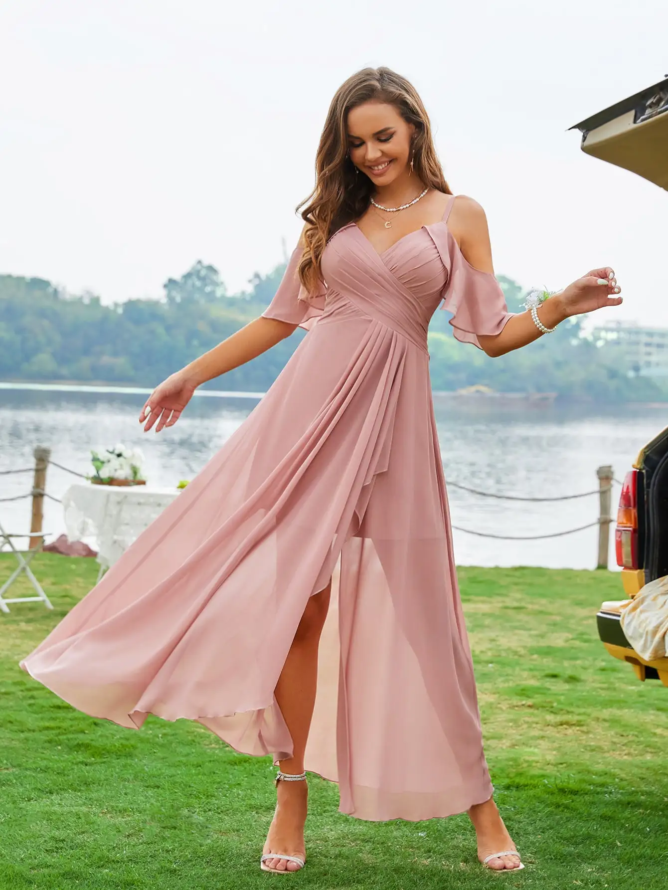 Unithorse Cold Shoulder Ruched Tulip Hem Chiffon Bridesmaid Dress