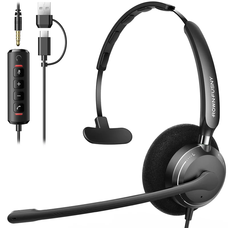 

Гарнитура RownFusny R06 с кнопкой ответа на вызов, компьютерная гарнитура для ПК, проводные USB-наушники с микрофоном с шумоподавлением