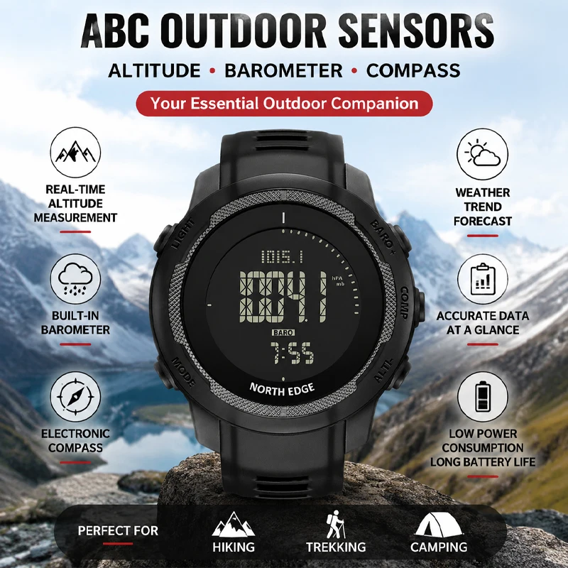 NORTH EDGE VERTICO Men's Digital Watch Carbon Fiber Case For Man Sports Running Swimming WR50M Watch Altimeter Barometer Compass