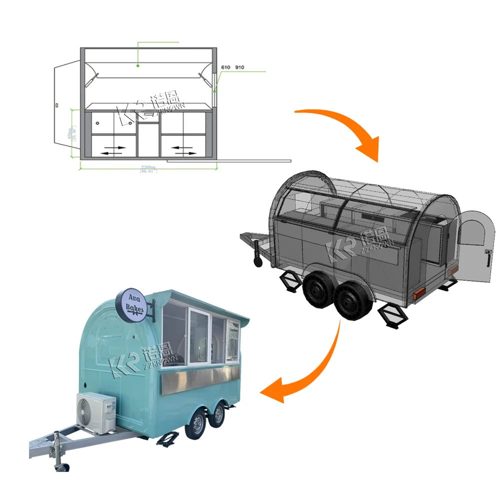 مقطورة طعام الشارع مع معدات مطبخ كاملة، كشك القهوة المحمول، الوجبات الخفيفة، عربة البيتزا، مقطورة شاحنة الغذاء