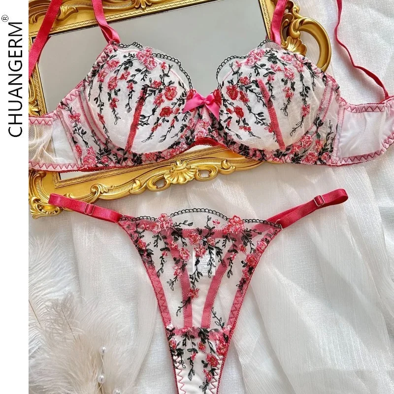 

CHUANGERM,Red,High-end temperament wind floral embroidery transparent mesh seductive underwear set,Top Women bralette