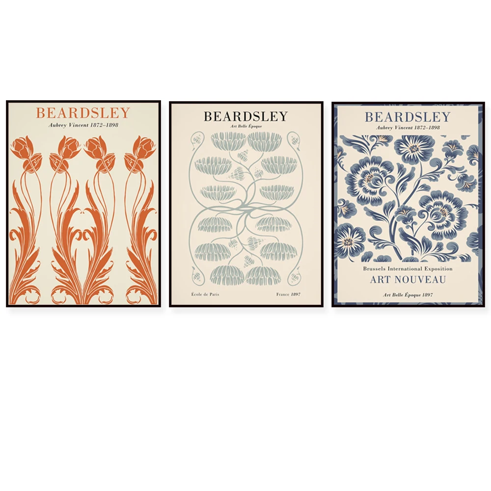 

Aubrey Beardsley prints, Art Nouveau golden decorations, Beardsly floral posters, Danish pastel room decorations at the Flower M
