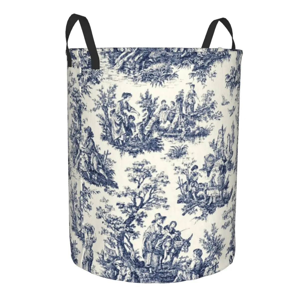 Custom Vintage Toile De Jouy Laundry Basket Foldable Navy Blue And White Clothes Toy Hamper Storage Bin for Kids Nursery