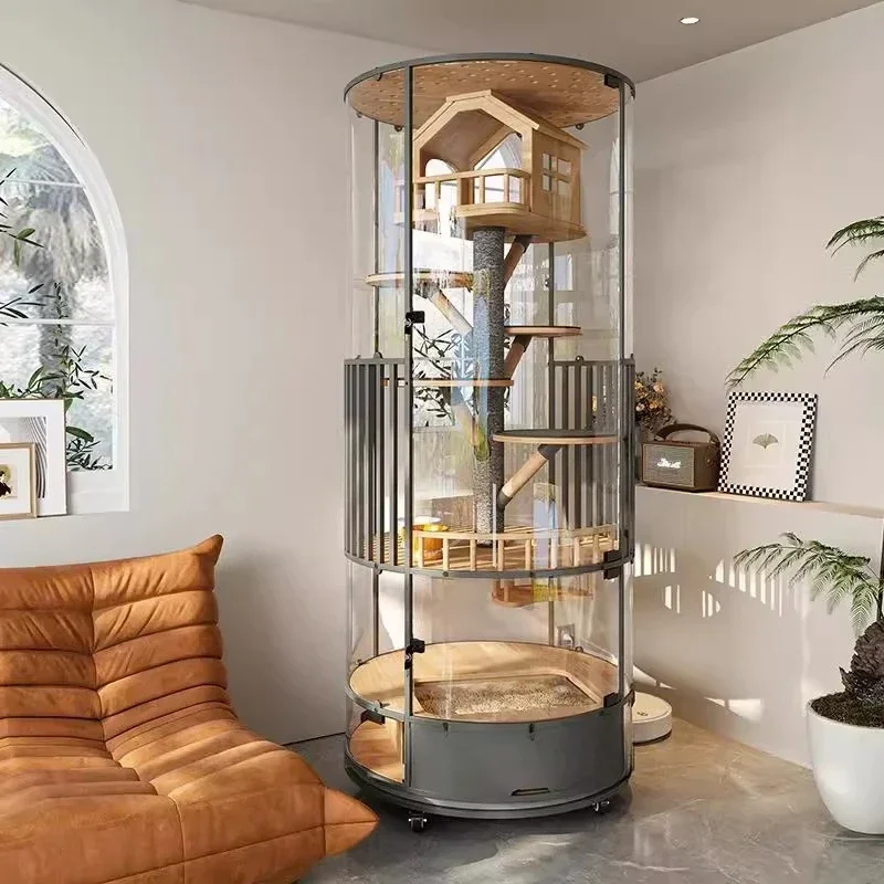 Fully transparent glass panoramic rotating cylindrical cat villa luxury cabinet cage household indoor with toilet new model