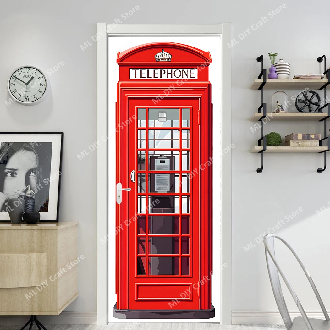 Retro Telephone Booth Door Sticker Bookcase Wine Cabinet Container Poster Vinyl PVC Waterproof Self-Adhesive Door Sticker