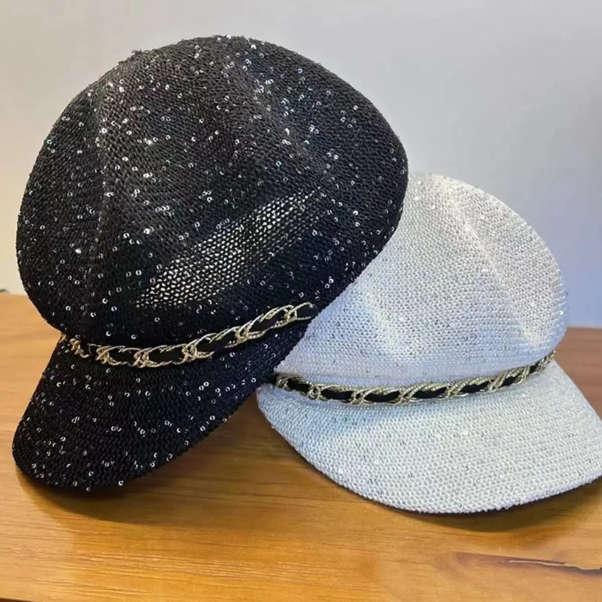 2024 new sequin octagonal hat for women's thin and fragrant style beret sun protection sun shading breathability