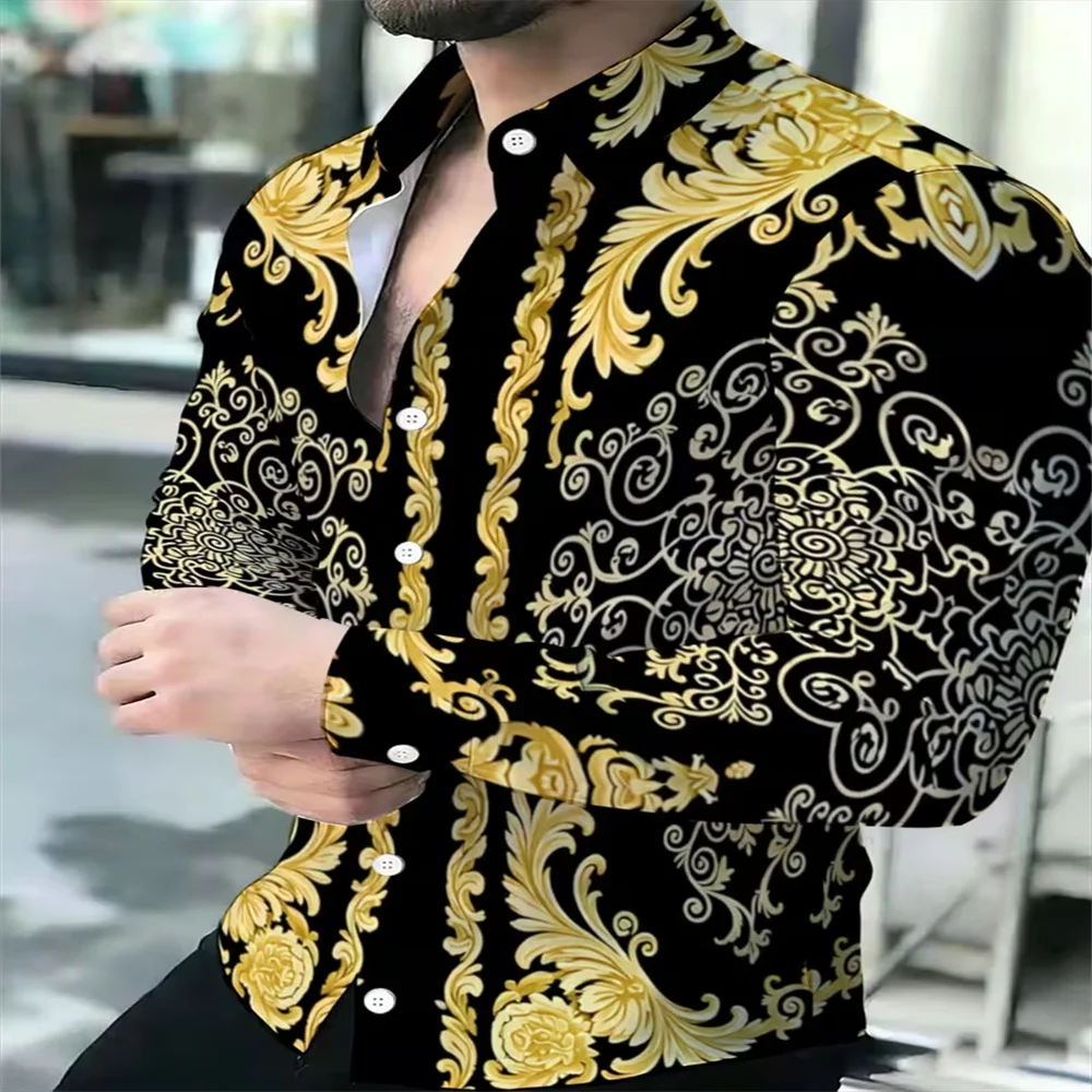 Casual black and gold retro printed shirt summer men's long-sleeved shirt 3D printed lapel shirt men and women fashion shirt