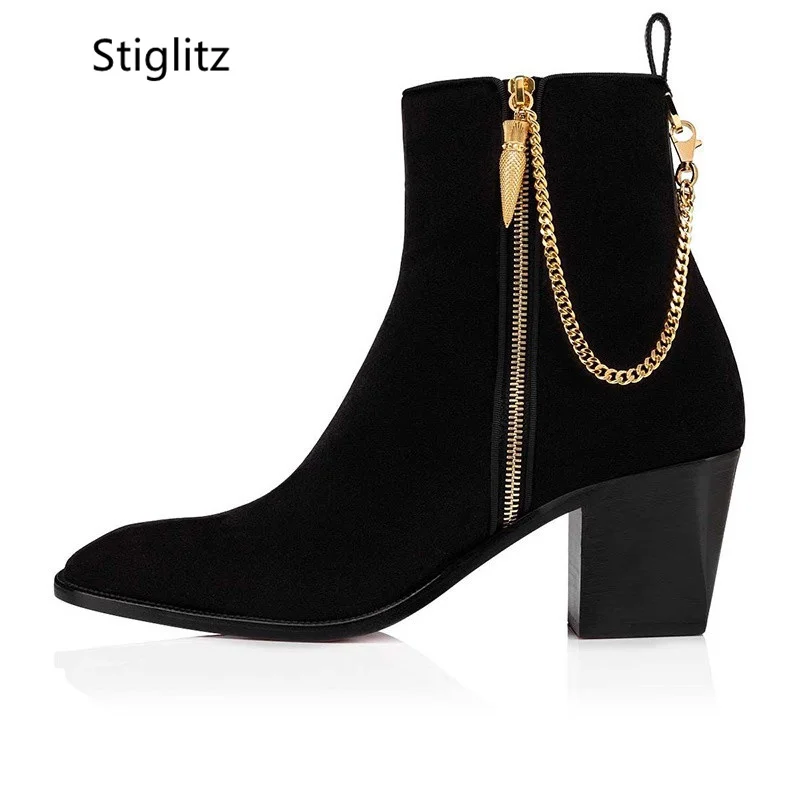 Suede Ankle Boots Gold Chain High Heels Shoes for Men Side Zipper Men Chelsea Boots Genuine Leather Black Red Boots Real Picture