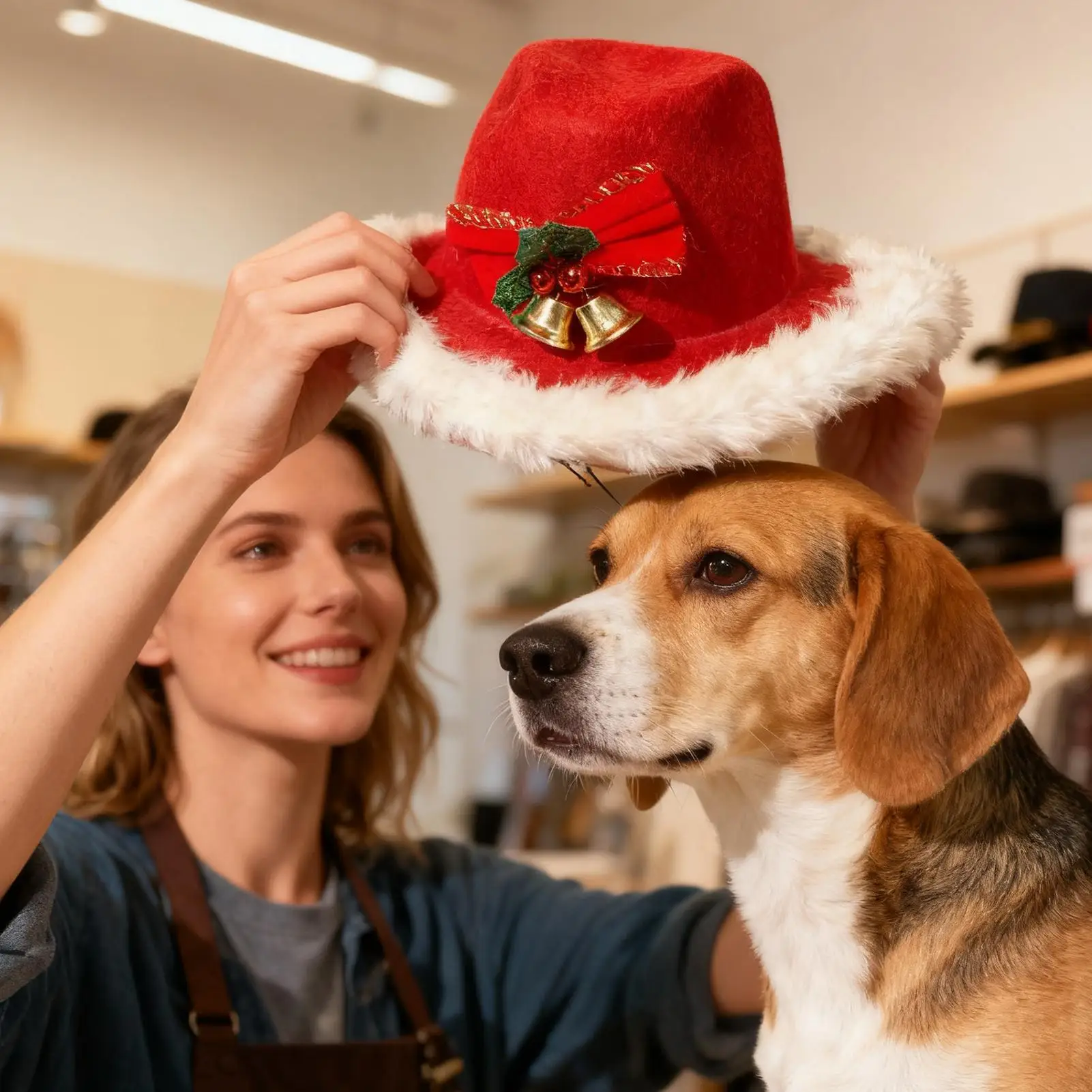 Dog Hats White Plush Trim Headwear Adjustable Clothes White Plush Trim Design Dog Winter Hat With Christmas Elements For