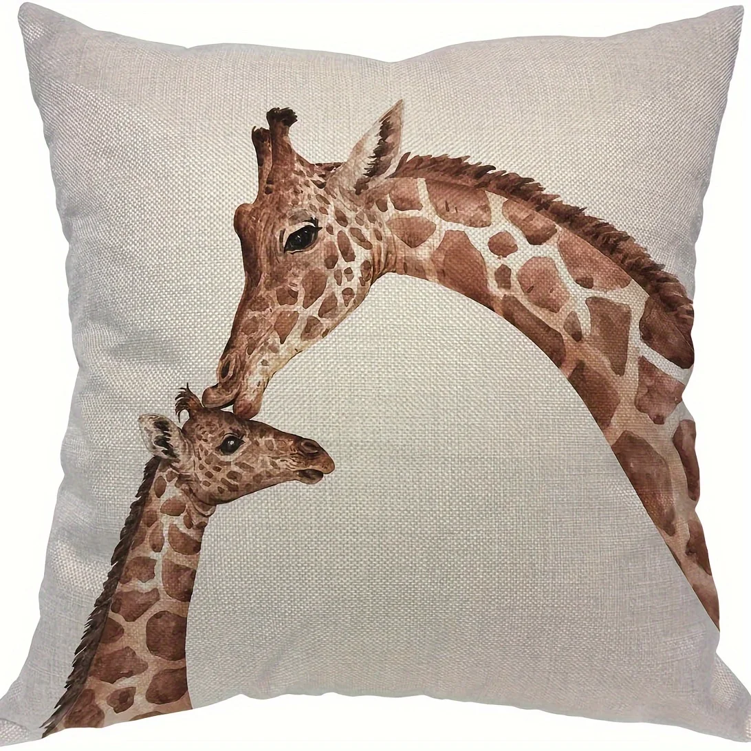 Contemporary Style Linen Throw Pillow Cover 1PC Watercolor Giraffe South African Animal Cartoon Design Decorative Square Cushion