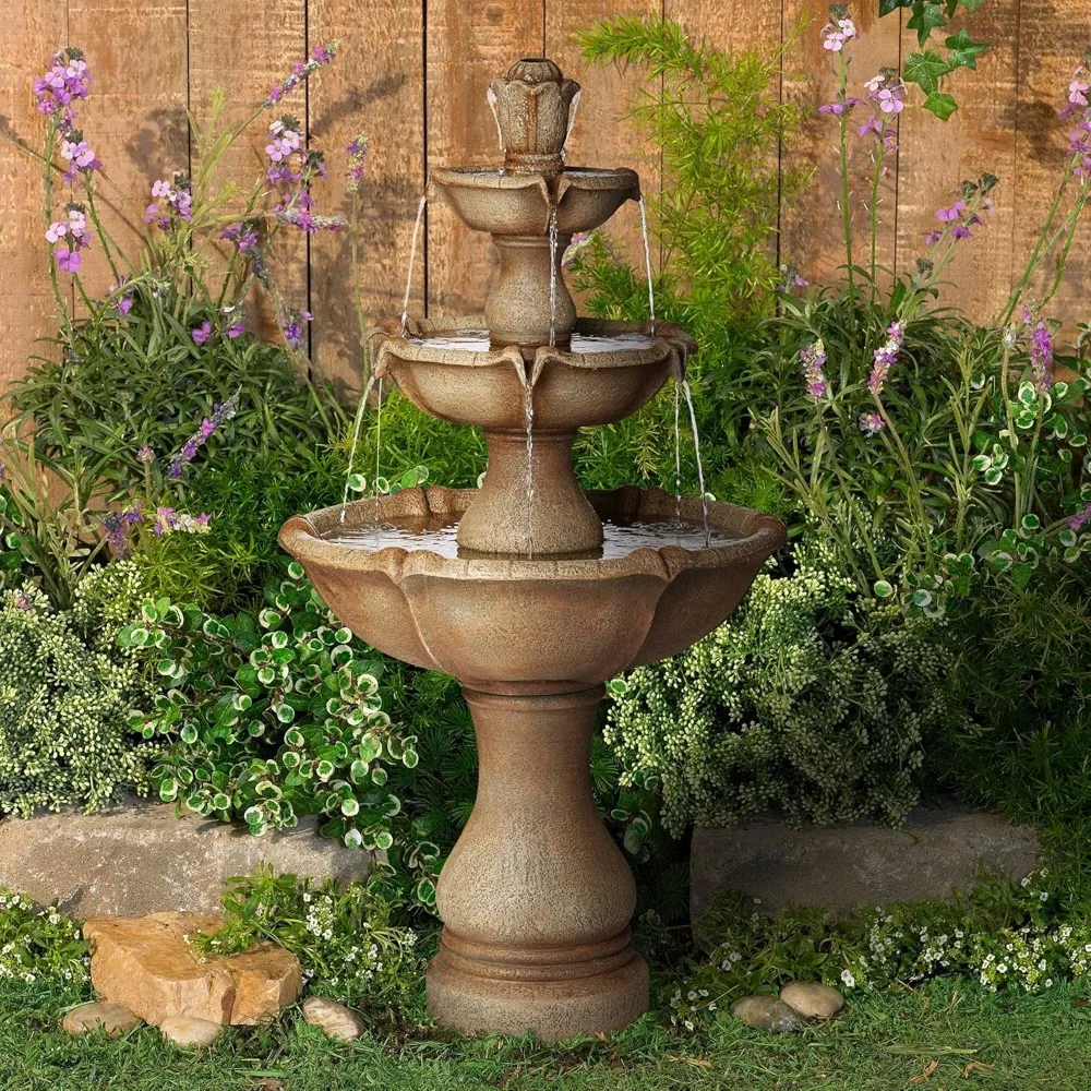 

Modern Rustic Outdoor Floor Water Fountain with Light LED 43" High 3-Tiered Resin Porch House Relaxation Exterior Balcony Roof