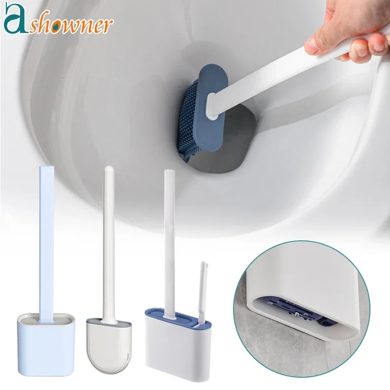 Toilet Brush Silicone Wc Cleaner Toilet Brush No Dead Toilet Cleaning Brush Flat Head Flexible Soft Bristles Brush With Holder