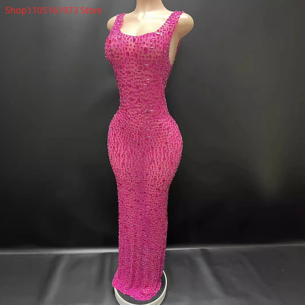 Robe de soirée en maille strass rose, tenue de spectacle sur scène, pour banquet, anniversaire, nouvelle collection