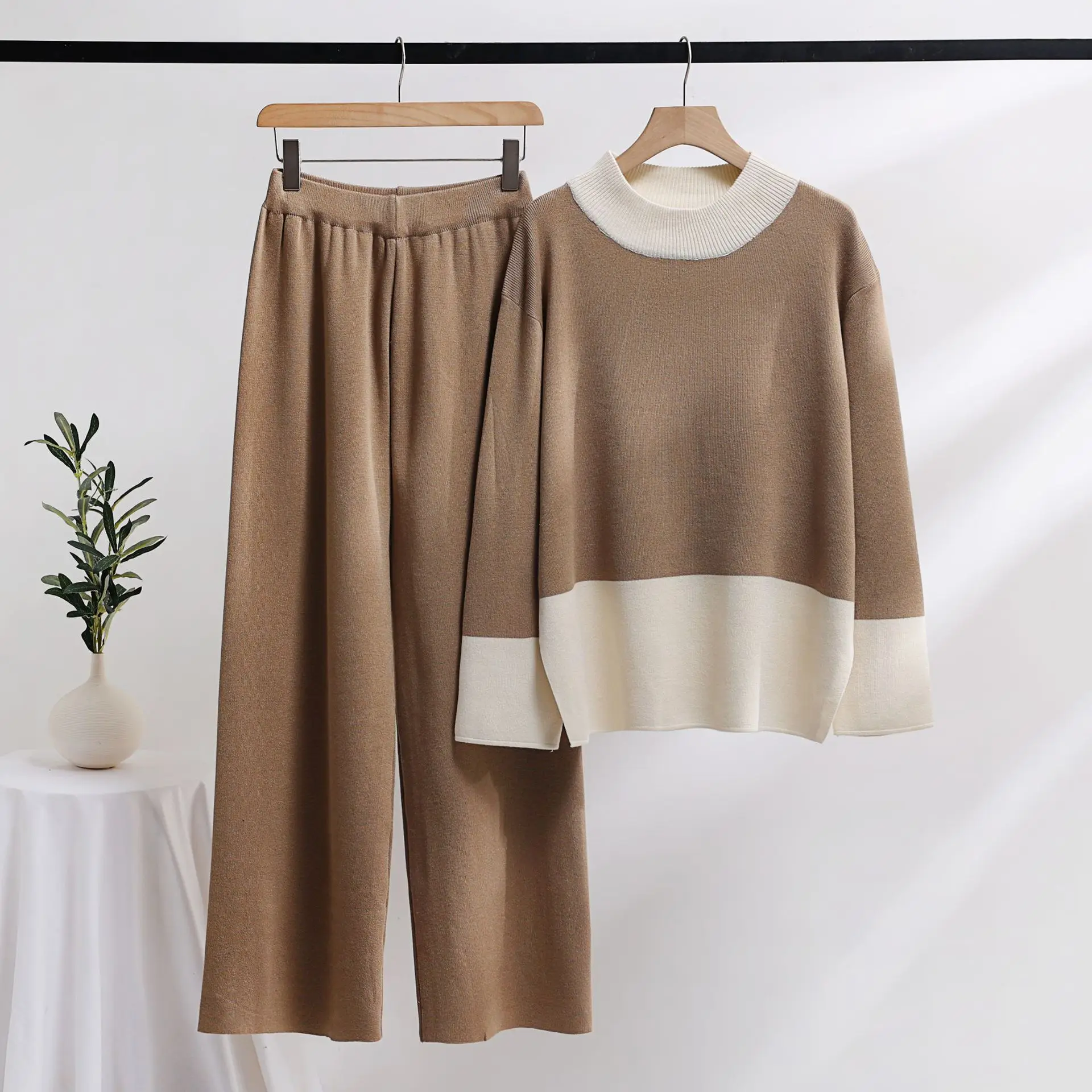 

Women's spring Autumn Knitted Sweater +Pants Home Suits Fashion Loose Long Sleeve Tops Pants Sleepwear 2PCS Set Outfits