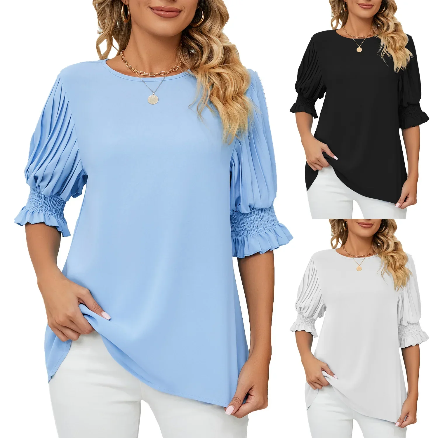 

2023 New Women Blouses and Tops Fashion O Neck Half Sleeve Loose Elegant Office Work Lady Shirts Blouses Womens Tops