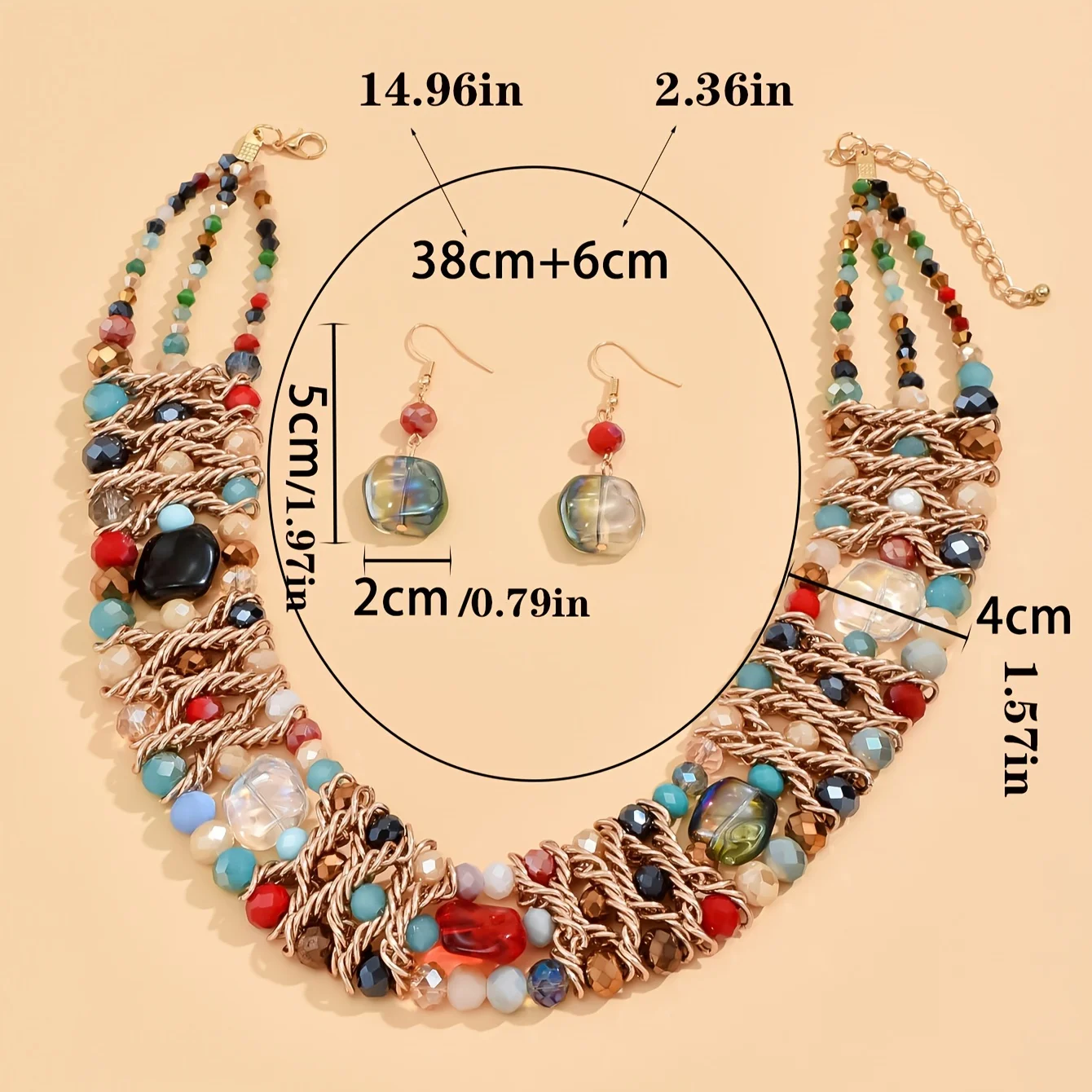 Colorful Artificial Crystal Beads Decor Dangle Earrings & Necklace Boho Elegant Style Holiday Vocation Accessories Jewelry Set