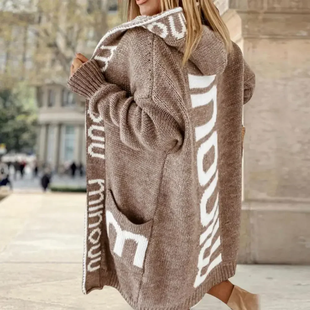 Hooded Cardigans Long Knit Sweater Women Autumn Winter Letter Maxi Soft Loose Coats Jacquard Y2k E-girl Knitted Jacket Cardigan