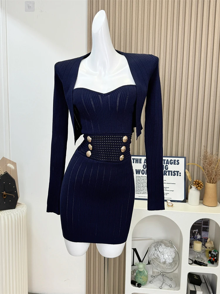 Women\'s Navy Two Piece Set Suit Long Sleeve Sweater and Luxury Dress Vintage Y2k Elegant Fashion Party Club Dress Sets Clothes