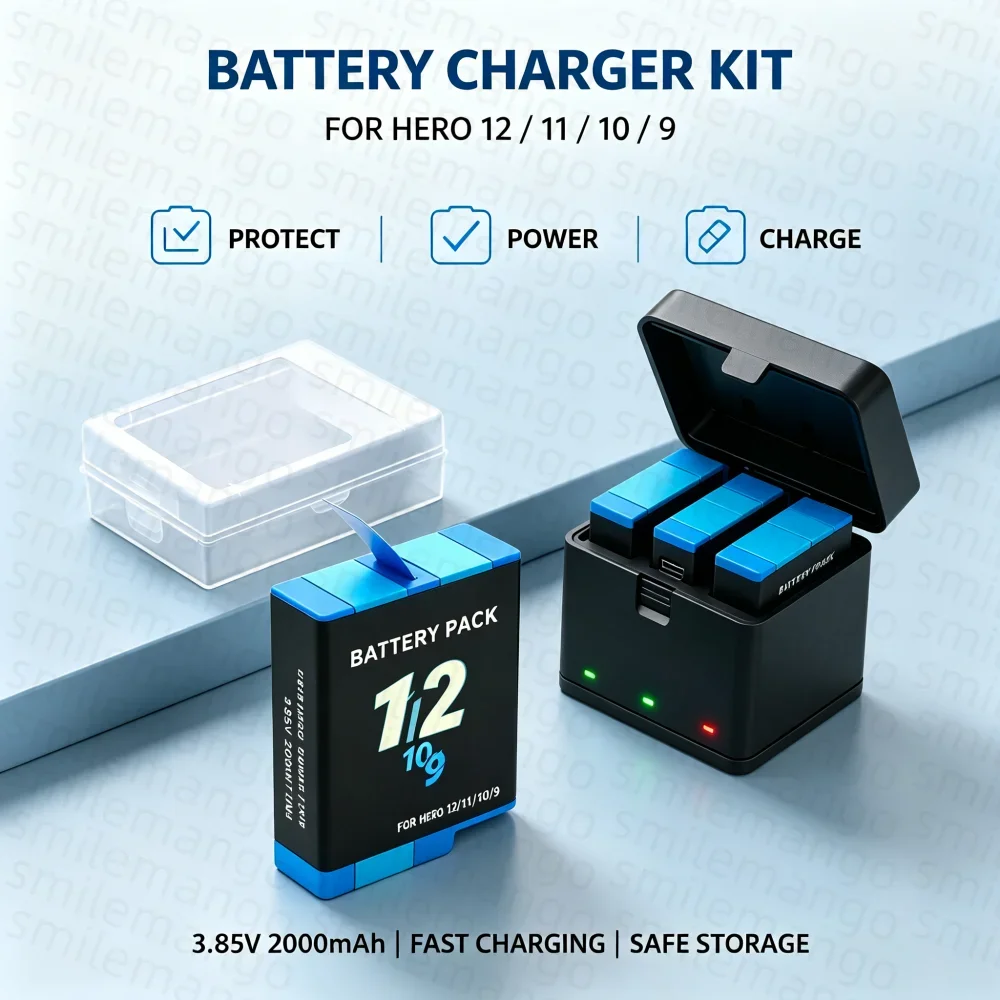 Battery for GoPro Hero 10 +LCD 3-Slots Charger with Type-C Port for GoPro Hero 9 Go Pro 10 Hero 11 12 Sport Cameras