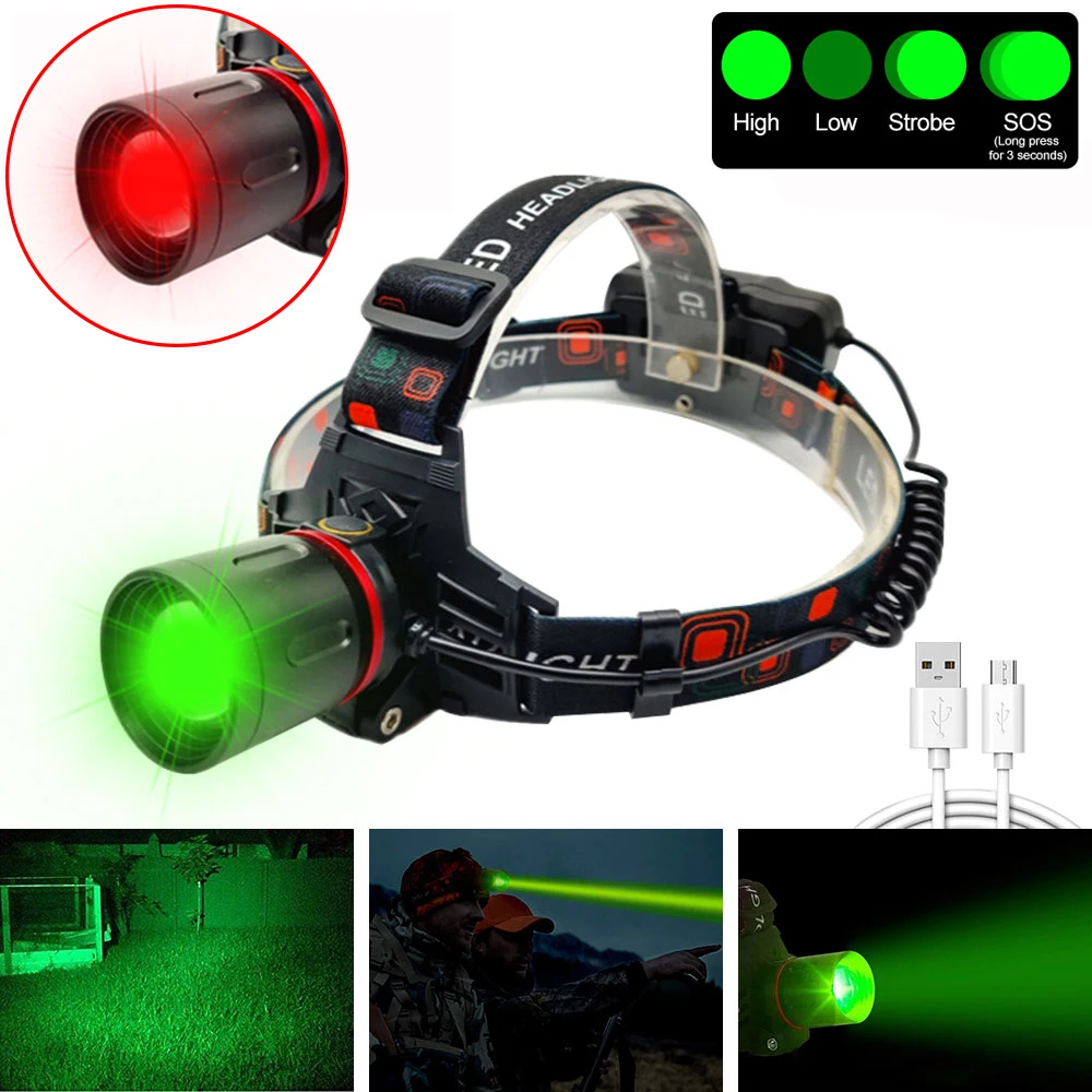 Led Headlamp Green/Red Light Hunting Headlight Zoom Head Lamp Flashlight Torch 18650 battery USB Rechargeable Fishing Lantern