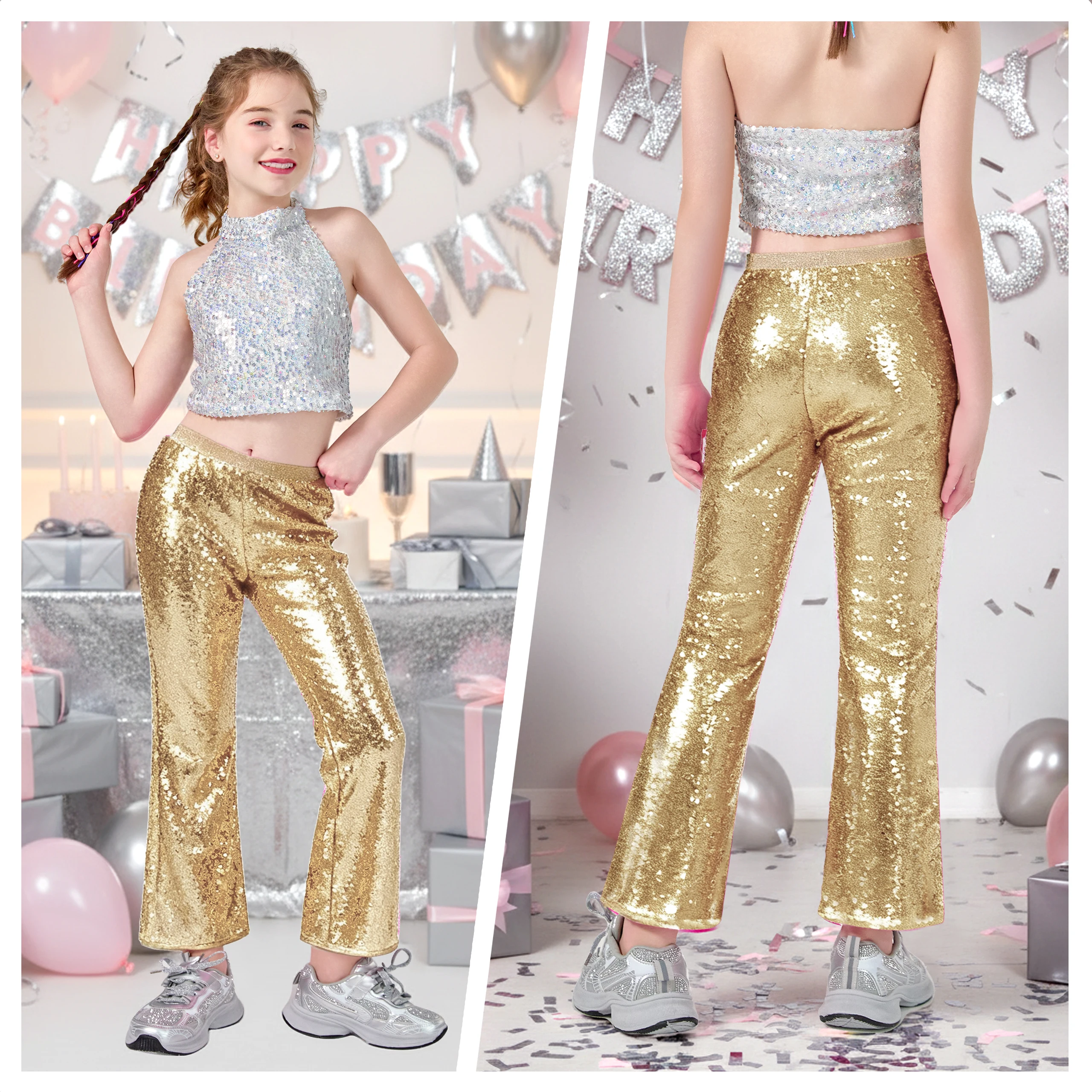 LOlanta Girls Sequin Flare Pants Sparkle Bell Bottoms Kids Elastic Waist Glitter Dance Trousers 6-12Years