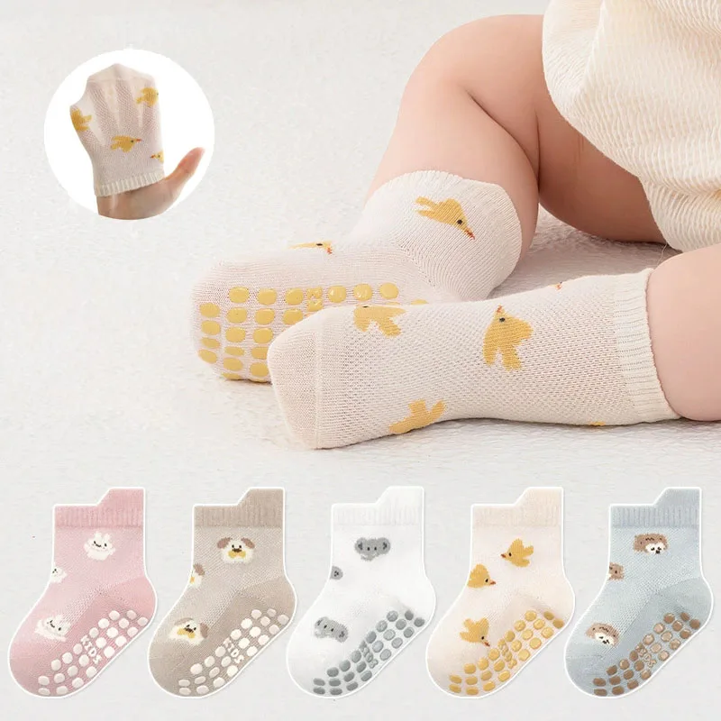 

5Pairs Baby Socks 2025 Spring Summer New Infant Floor Socks Cute Cartoon Mesh Breathable Toddler Kids Thin Cotton Non-slip Socks