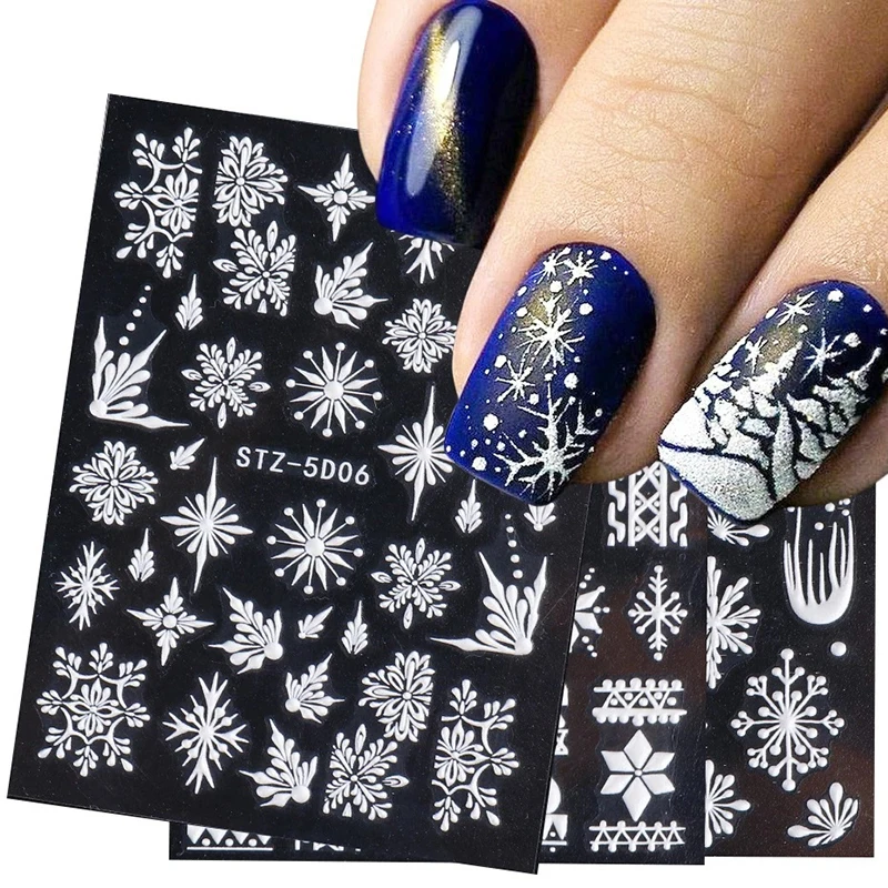 8pcs/set Christmas Nail Decals Winter White Snowflake Elk  Manicure Nail Art Sticker Xmas DIY Nails New Year Decorations