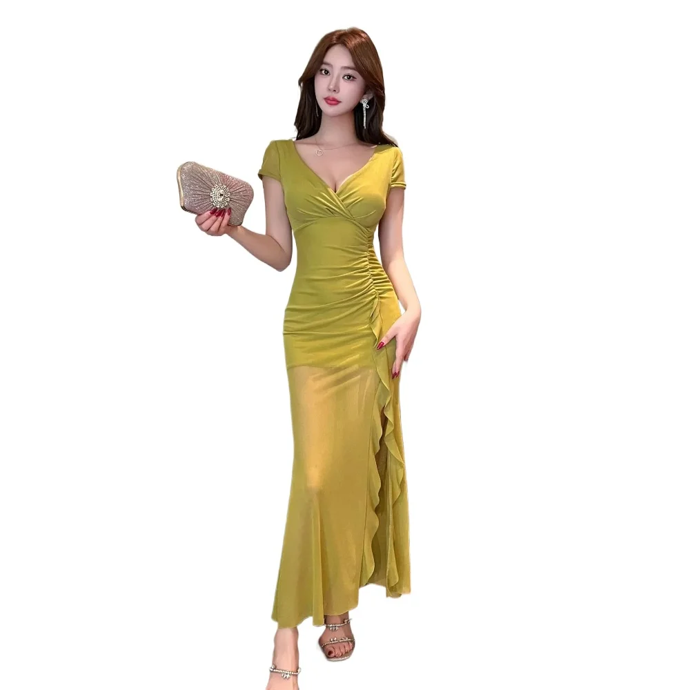 

French Sexy V-neck Slim-fitting Thin Hip-wrapped Ruched High Split Ruffles Dress