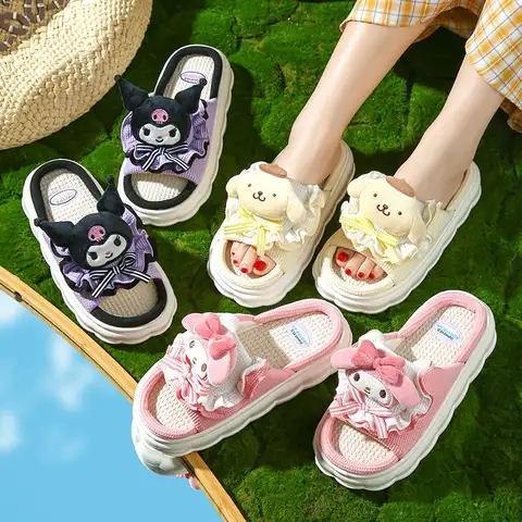 Linen Slippers Sanrio Hello Kitty Cinnamoroll Four Seasons Home Indoor Thick Sole Open Toe Breathable Comfortable House Shoes