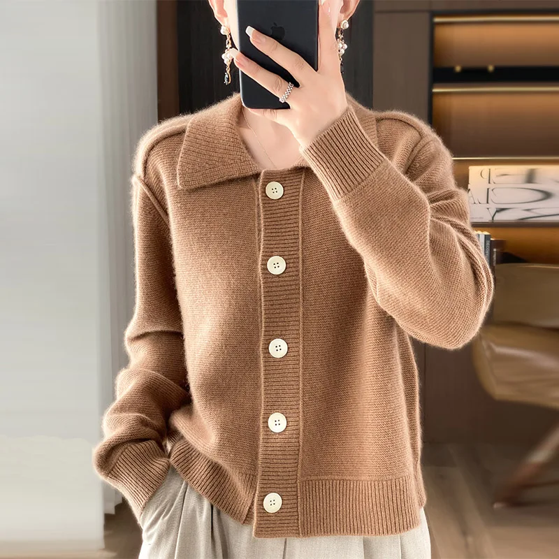 100% Merino Wool Coat Women\'s Clothing Lapel Cardigan Autumn Winter New Tops Fashionable Korean Loose Knit Shirt Long Sleeves