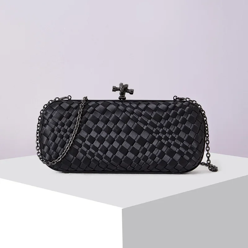 Personality Irregular Woven Clutch Bag Elegant Silk Satin Briad Evening Purse Fashionable Black Hand Bags with Crossbody Chain