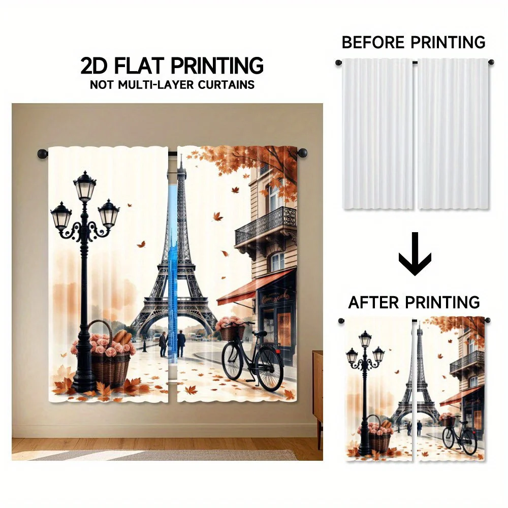 Vintage Paris Eiffel Tower Street Scene Curtains for Living Room Home Decor Window Curtain Panel