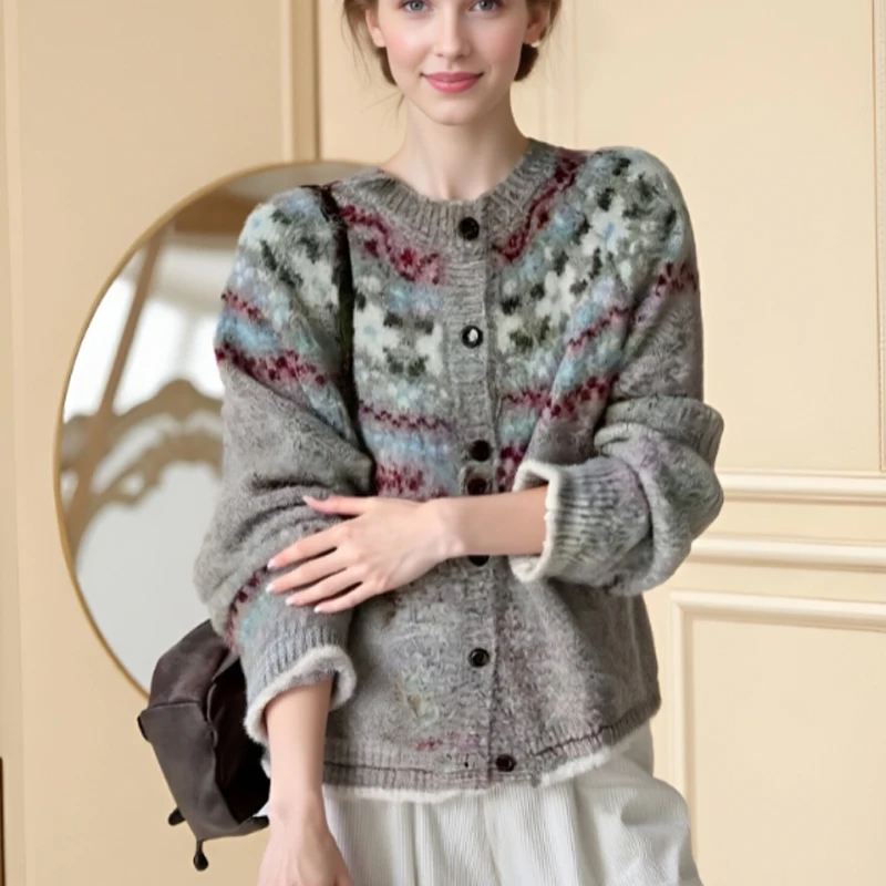 

2025 Retro O Neck Knitted Cardigan Casual Jacquard Sweater Coat Autumn Winter Fashion Sweet Long Sleeved Women's Cardigan