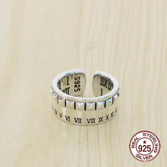 

S925 Sterling Silver Ring Roman Digital Open Hip Hop Punk Personalized Vintage Ring Jewelry Wide Edition Gifts for Lovers