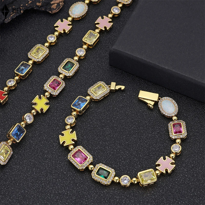

Hip Hop Summer Niche Collarbone Chain Retro Light Luxury Color Cubic Zirconia Necklace Bracelet Jewelry Set For Women