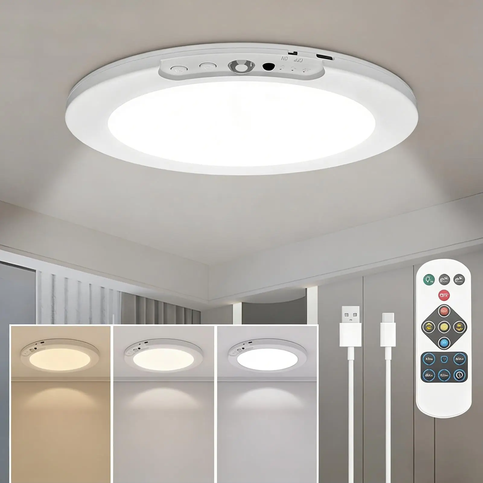 Picture 6: Battery Powered Ceiling Light 3-Color Adjustable Magnetic Ceiling Light Indoor Closet Night Lamp For Home Pantry Shower Stair